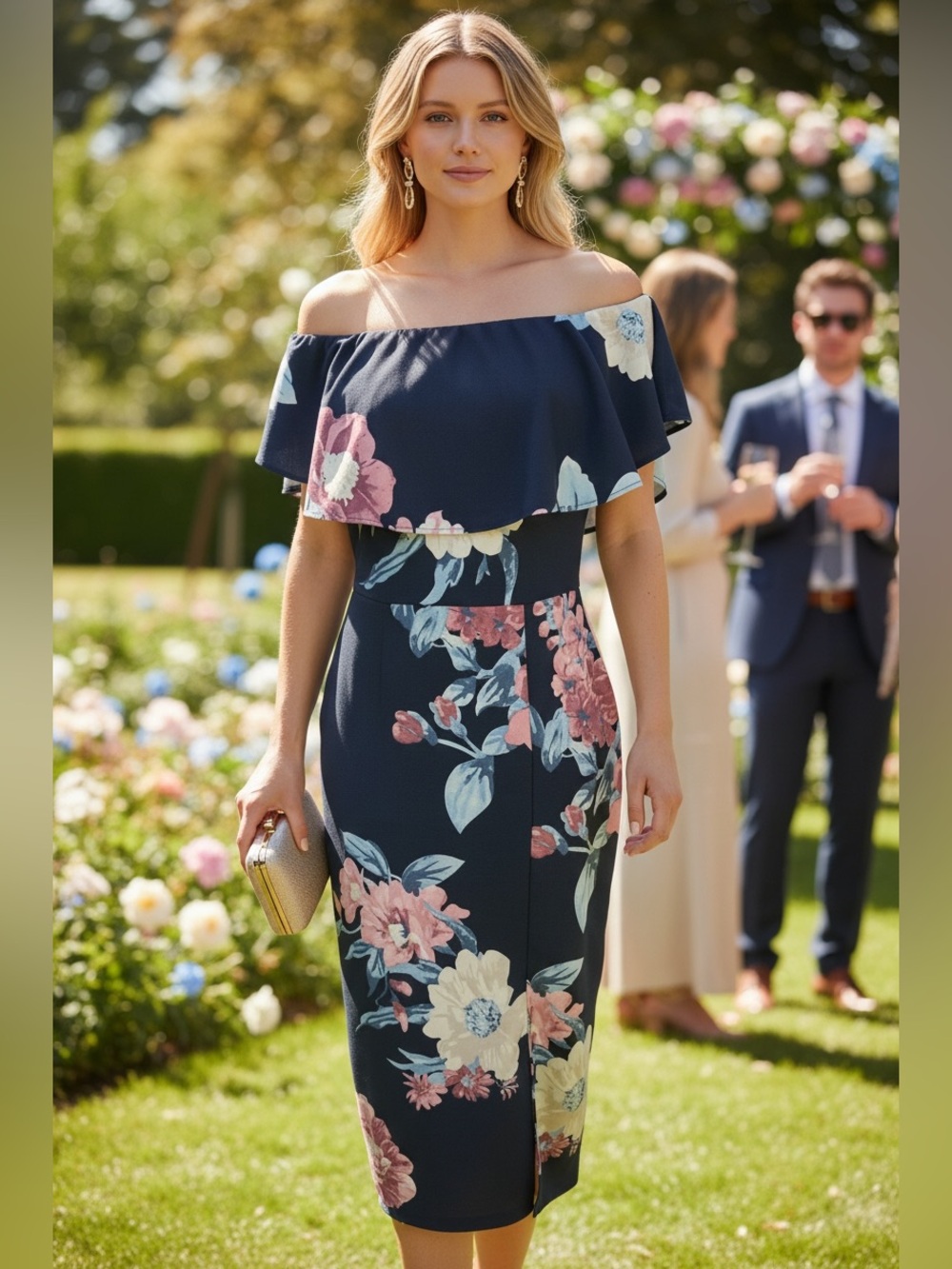 Navy Off The Shoulder Floral Sheath Dress